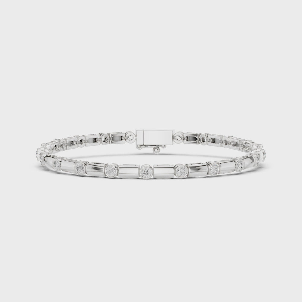 Men's silver tennis bracelet with alternating bezel-set round diamonds and rectangular bar links