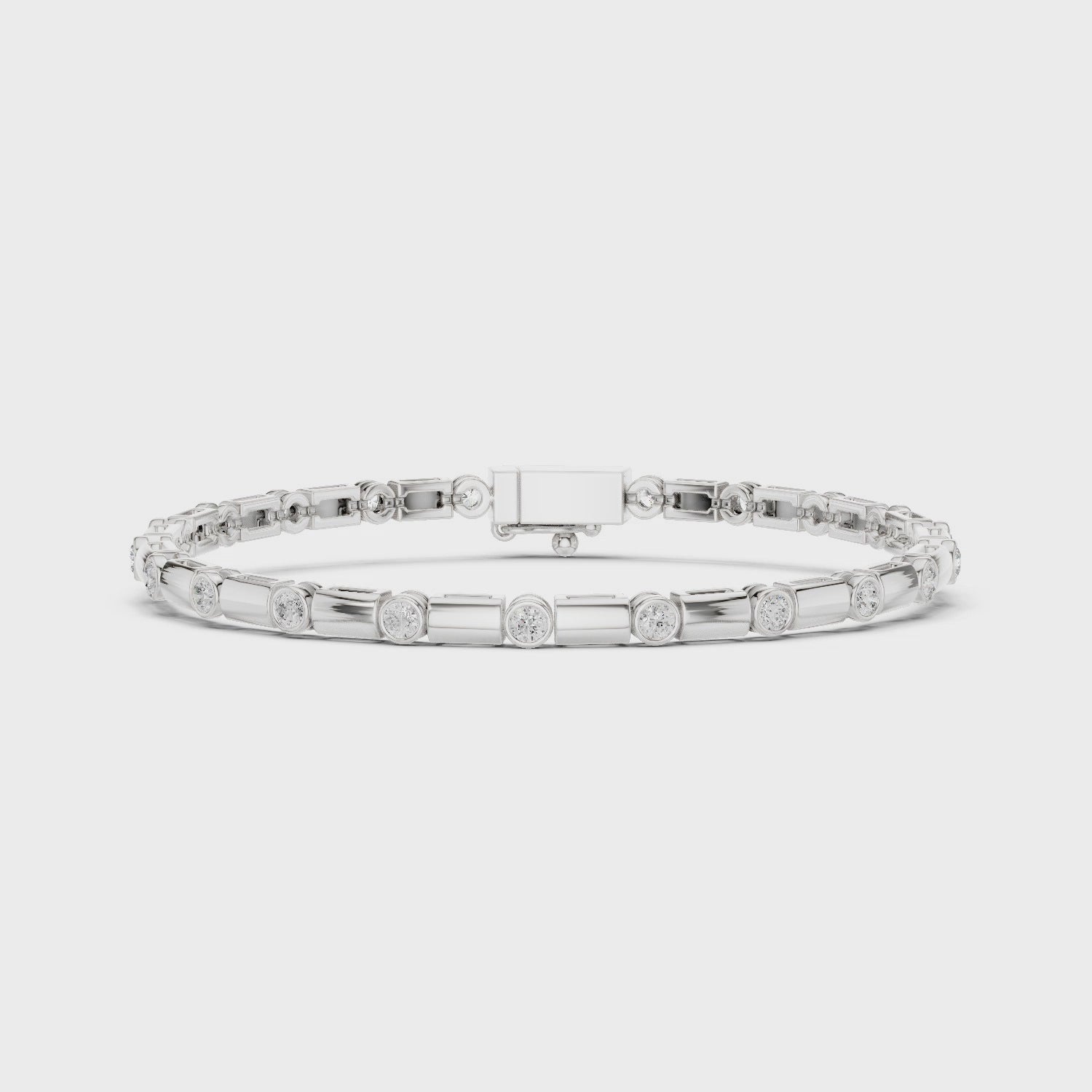Men's silver tennis bracelet with alternating bezel-set round diamonds and rectangular bar links