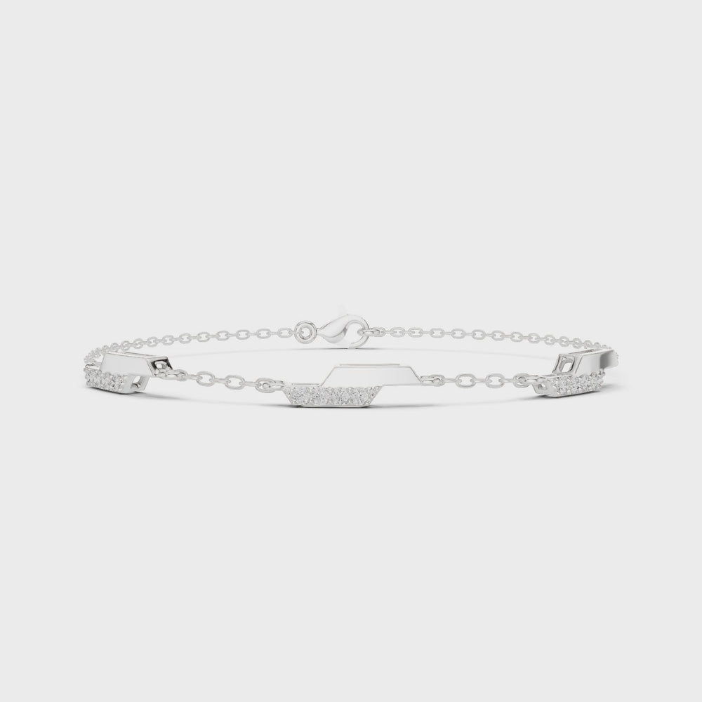 Hexagon station chain bracelet with baguette and pave set stone detailing