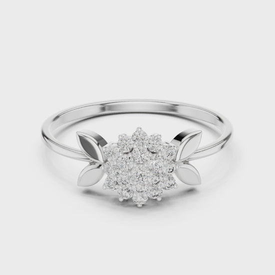 Floral cluster ring with marquise leaf shoulders and plain polished band