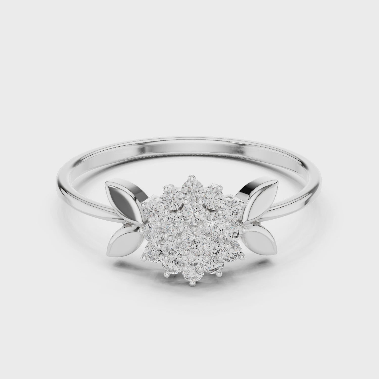 Floral cluster ring with marquise leaf shoulders and plain polished band