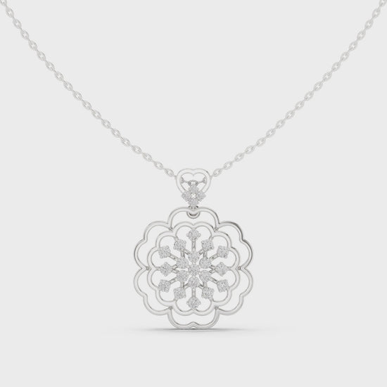 Floral filigree diamond pendant necklace with snowflake cluster centre and scallop border