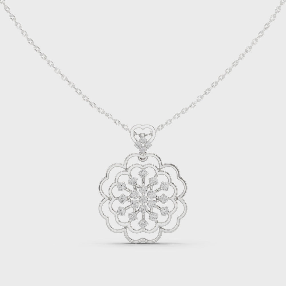 Floral filigree diamond pendant necklace with snowflake cluster centre and scallop border