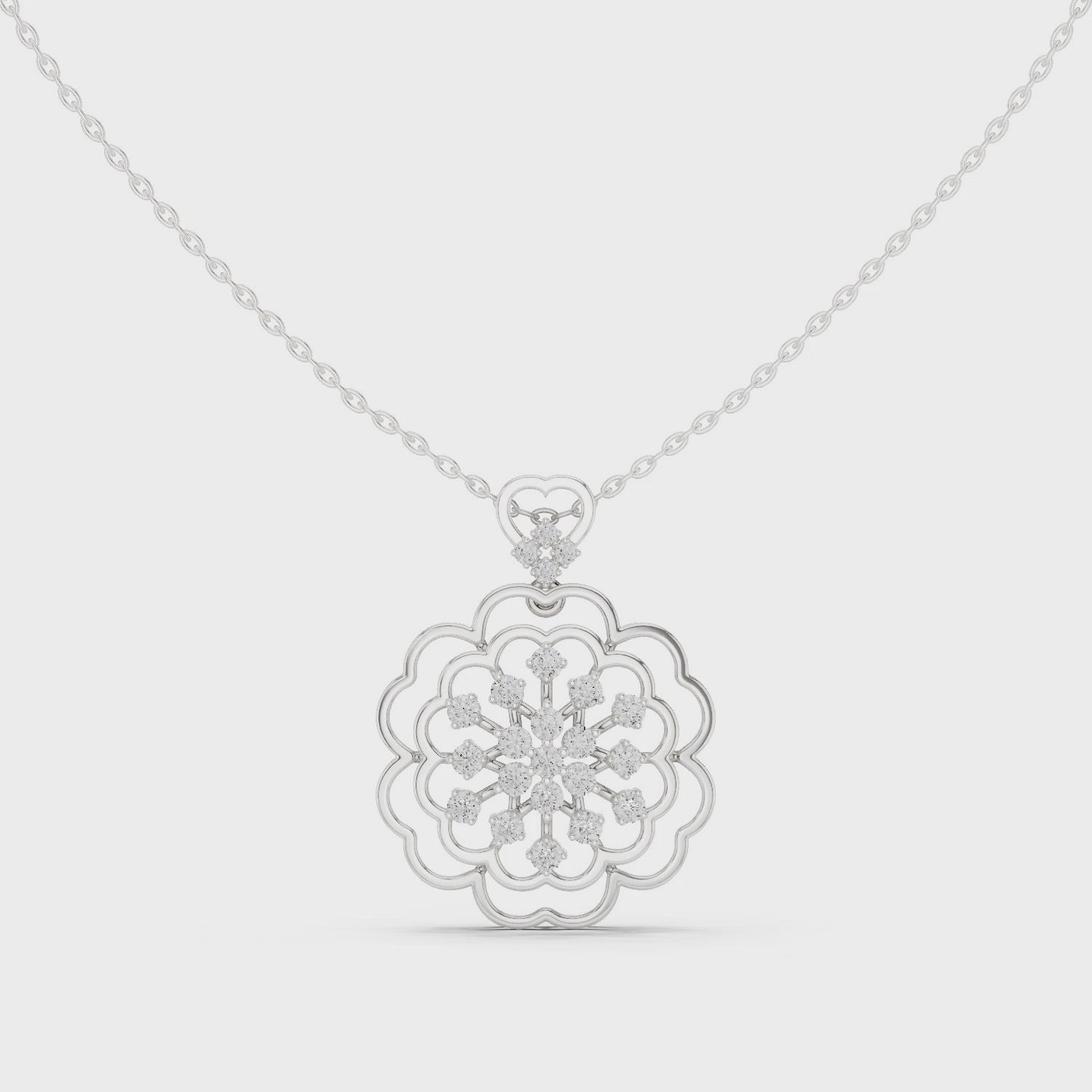 Floral filigree diamond pendant necklace with snowflake cluster centre and scallop border