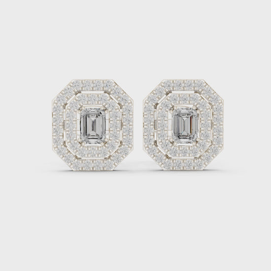 Octagon double halo stud earrings with emerald cut centre and pave border detailing