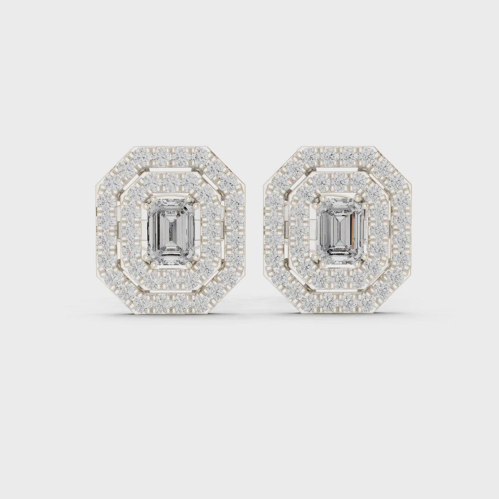 Octagon double halo stud earrings with emerald cut centre and pave border detailing