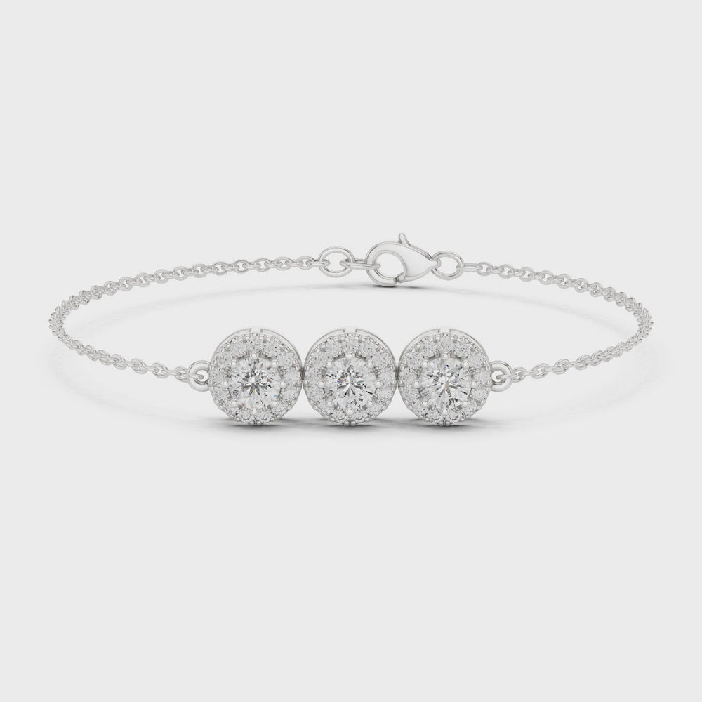 Triple floral cluster chain bracelet with sparkling round stone centre detailing