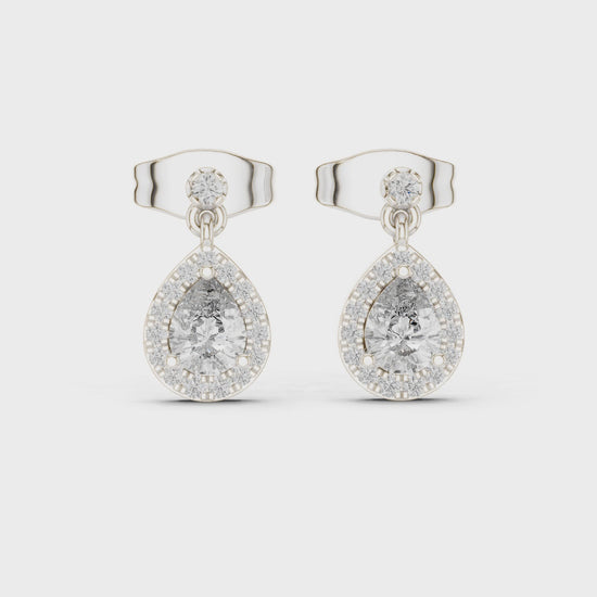 Pear shaped halo dangle stud earrings with pave set cluster detailing