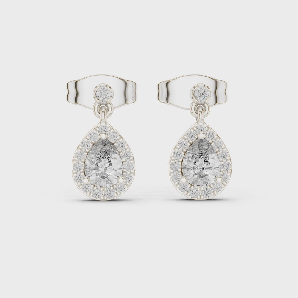 Pear shaped halo dangle stud earrings with pave set cluster detailing