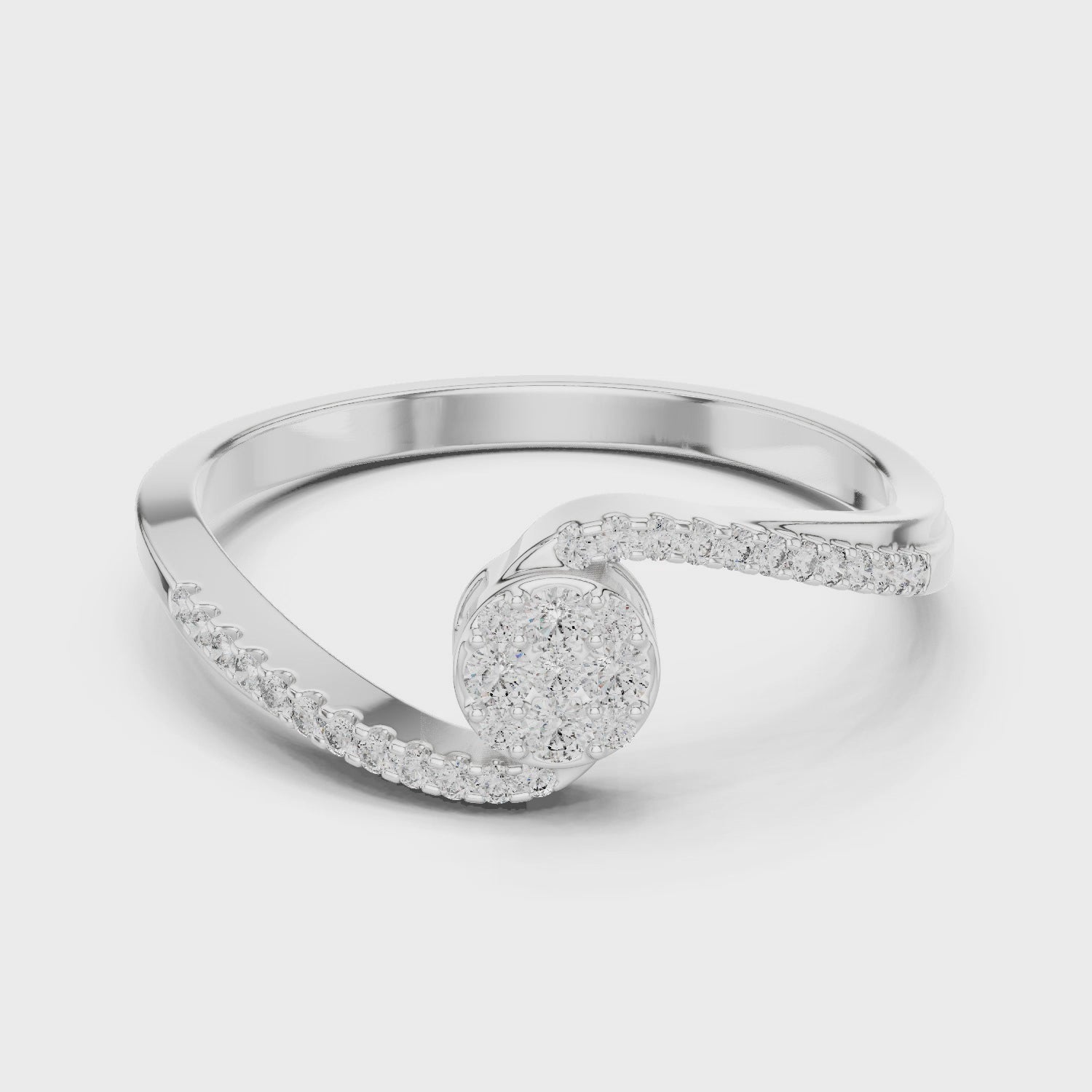 Pave cluster diamond engagement ring with diamond studded bypass band