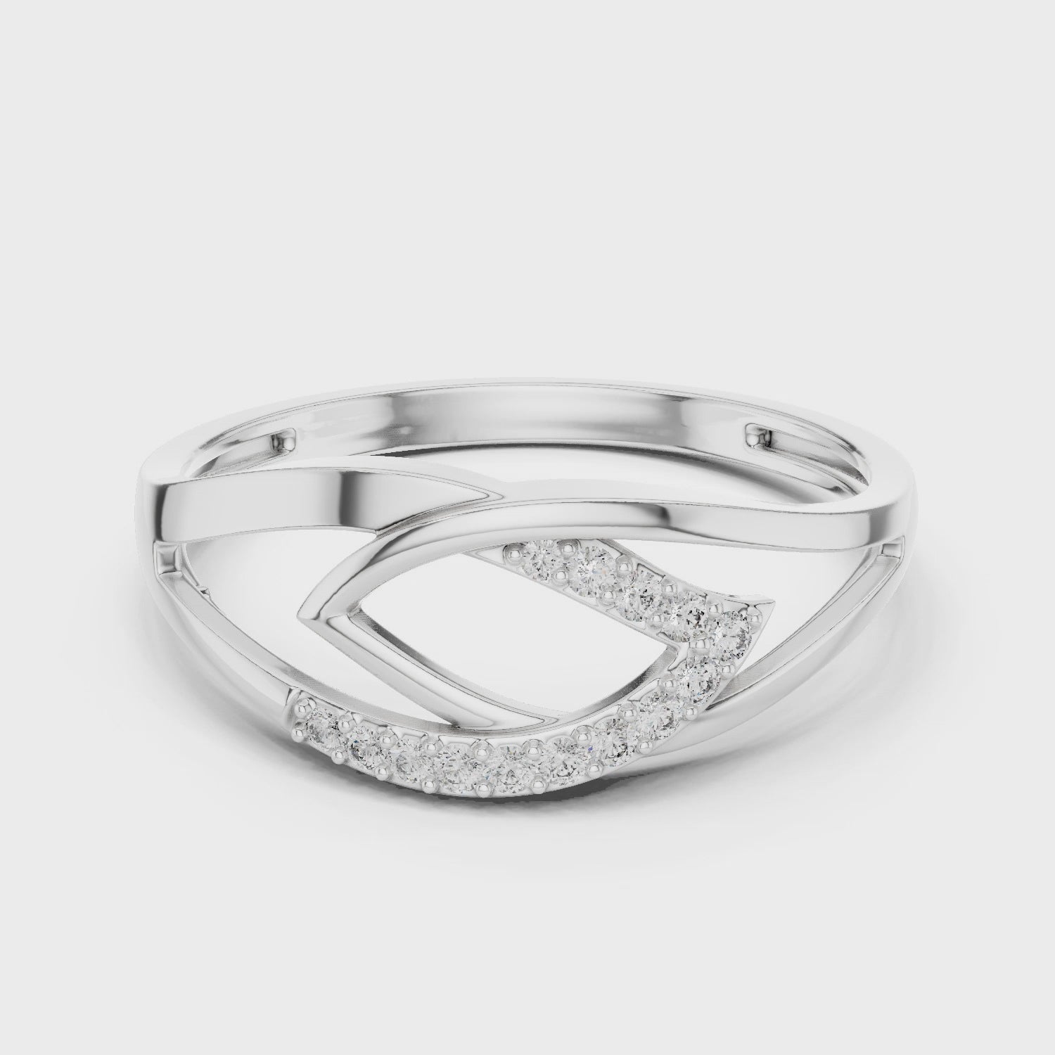 Open chevron crossover ring with geometric split shank and polished open frame