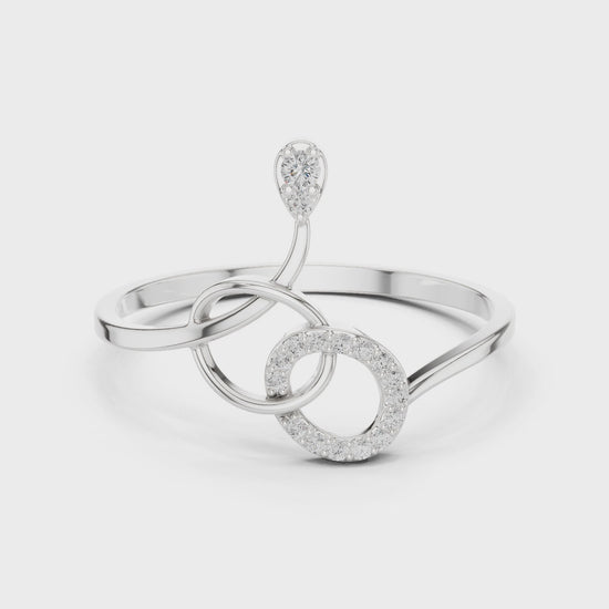 Swirl treble clef open ring with pave circle loop and teardrop solitaire top