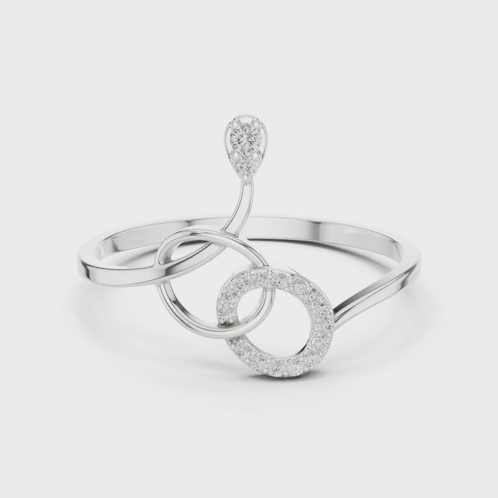 Swirl treble clef open ring with pave circle loop and teardrop solitaire top