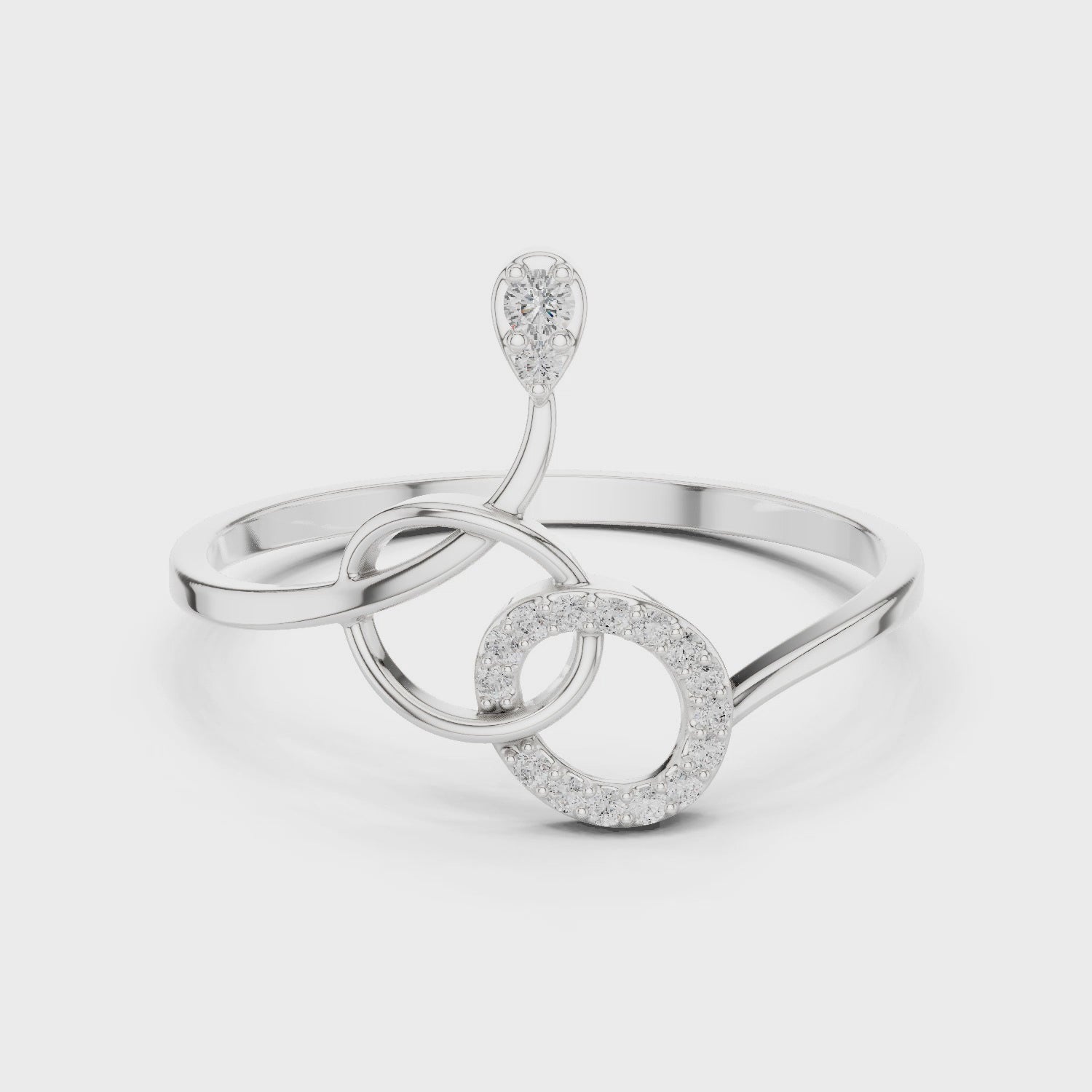 Swirl treble clef open ring with pave circle loop and teardrop solitaire top