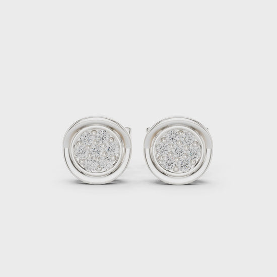 Round pave cluster diamond stud earrings with swirl frame and push back setting