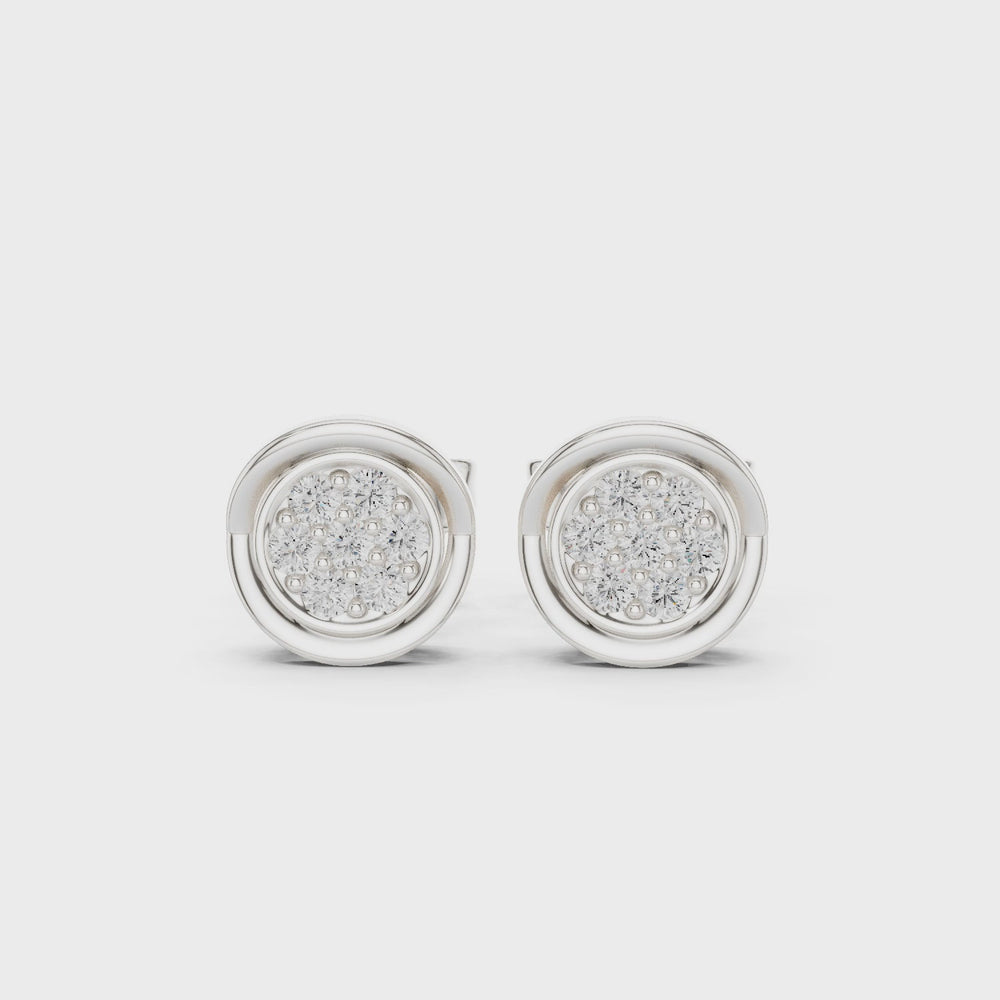 Round pave cluster diamond stud earrings with swirl frame and push back setting