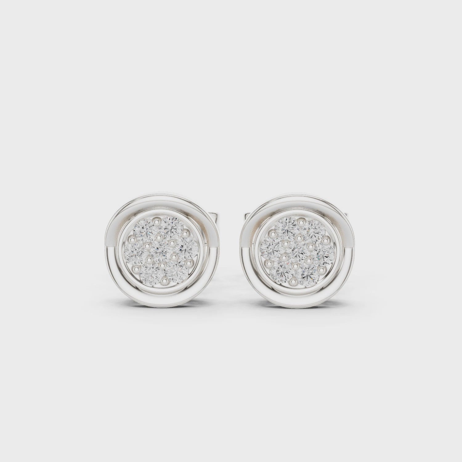 Round pave cluster diamond stud earrings with swirl frame and push back setting