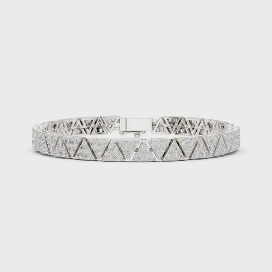 Men's silver tennis bracelet with pavé diamond-set triangle geometric links