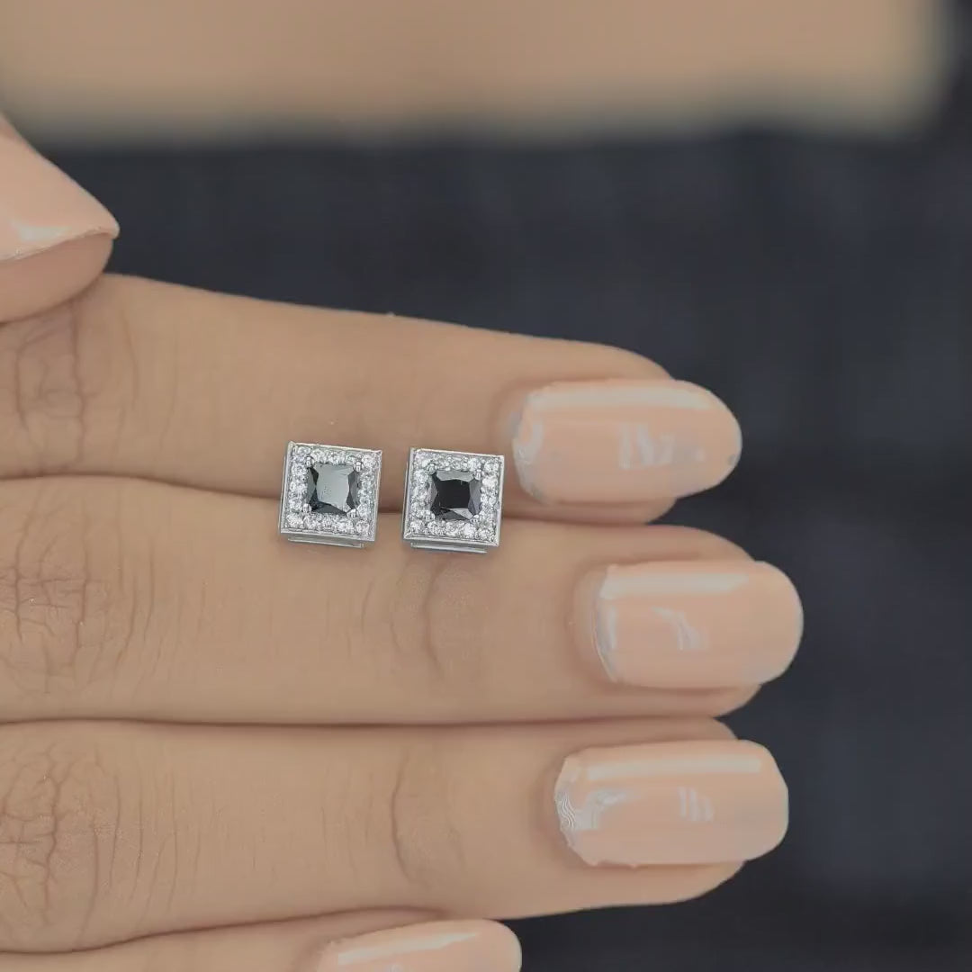 Black princess halo square stud earrings with white pave border and tilted diamond frame