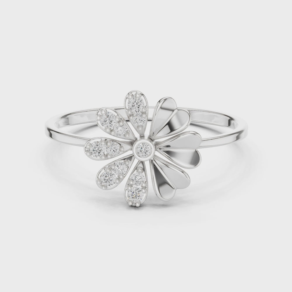 daisy flower ring with diamond-studded petals and solitaire centre stone