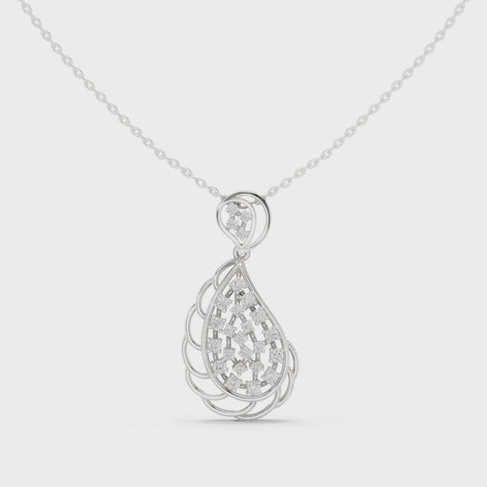 Silver chain necklace with teardrop swirl pendant featuring pavé diamond accents