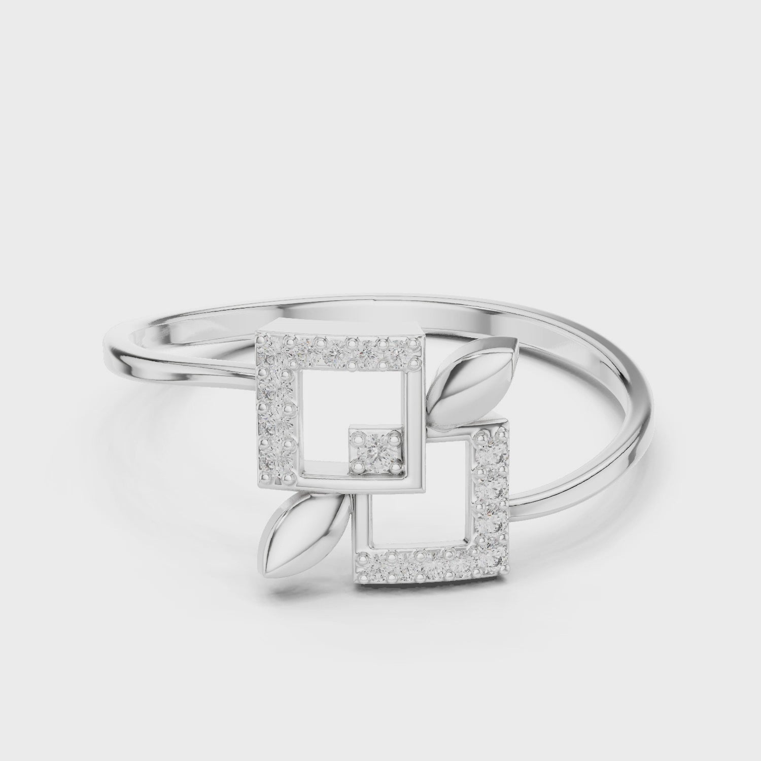 Double square geometric open ring with pave border and minimalist slim band
