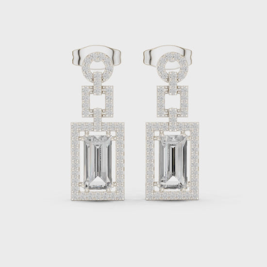 Rectangle halo cluster stud earrings with pave set border detailing
