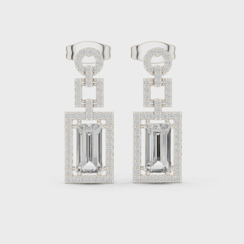 Rectangle halo cluster stud earrings with pave set border detailing
