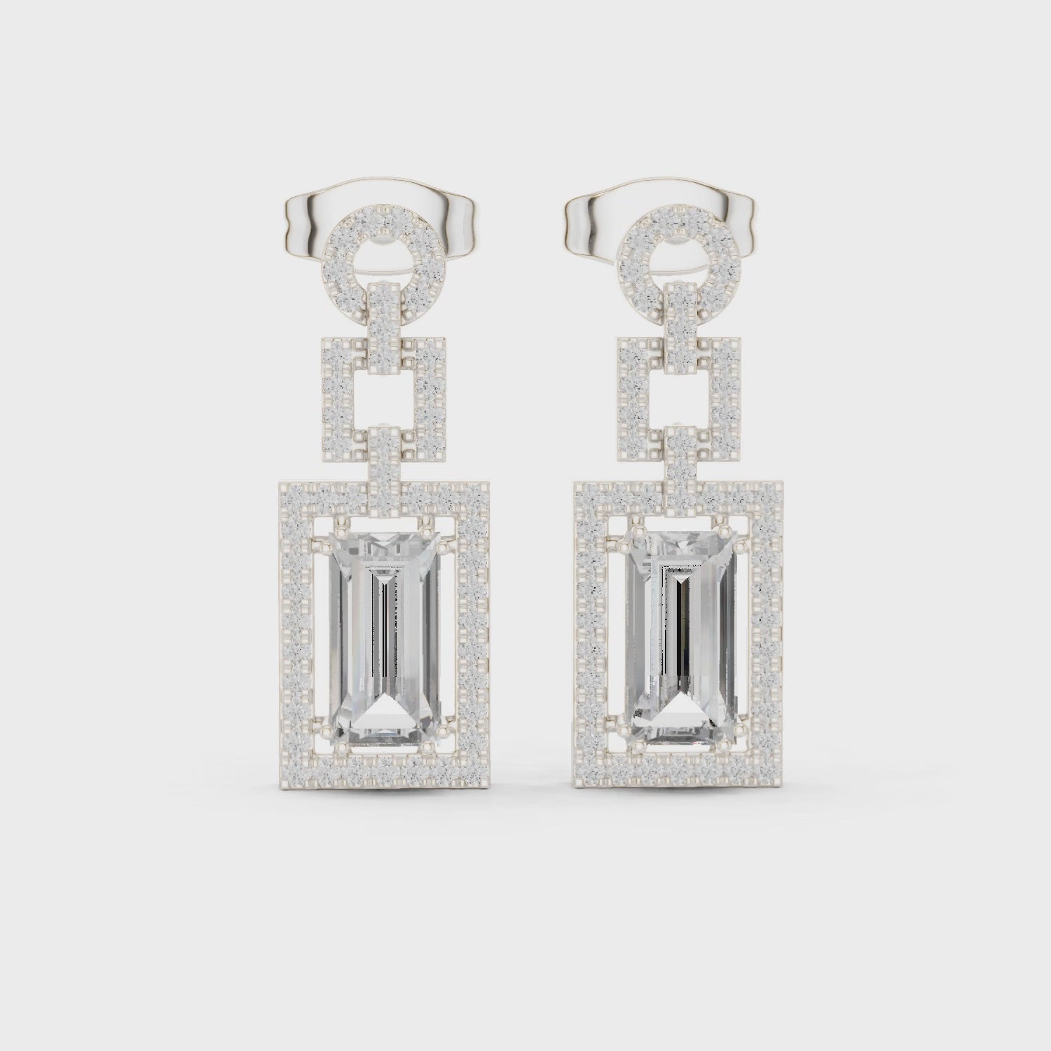 Rectangle halo cluster stud earrings with pave set border detailing