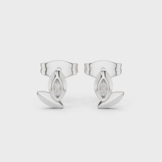 Marquise leaf pave diamond stud earrings with double petal design and push back setting