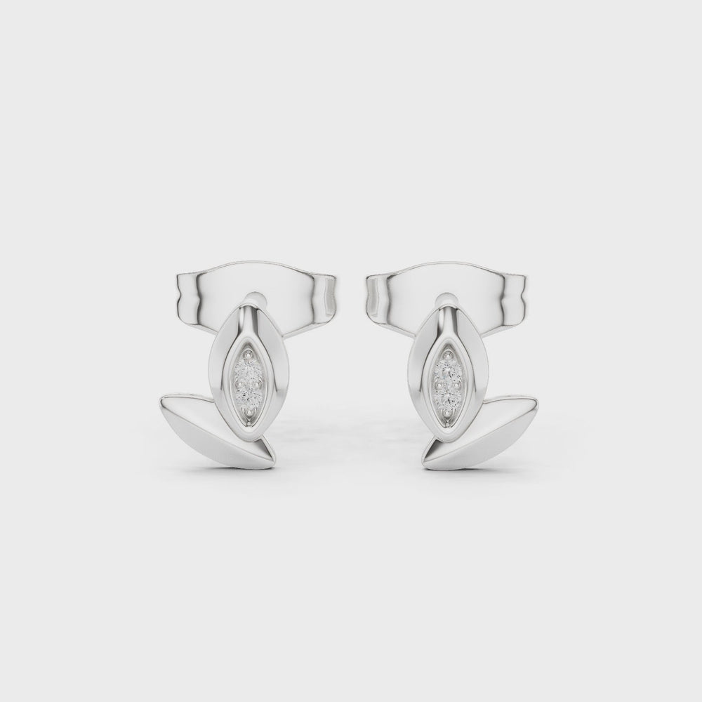 Marquise leaf pave diamond stud earrings with double petal design and push back setting