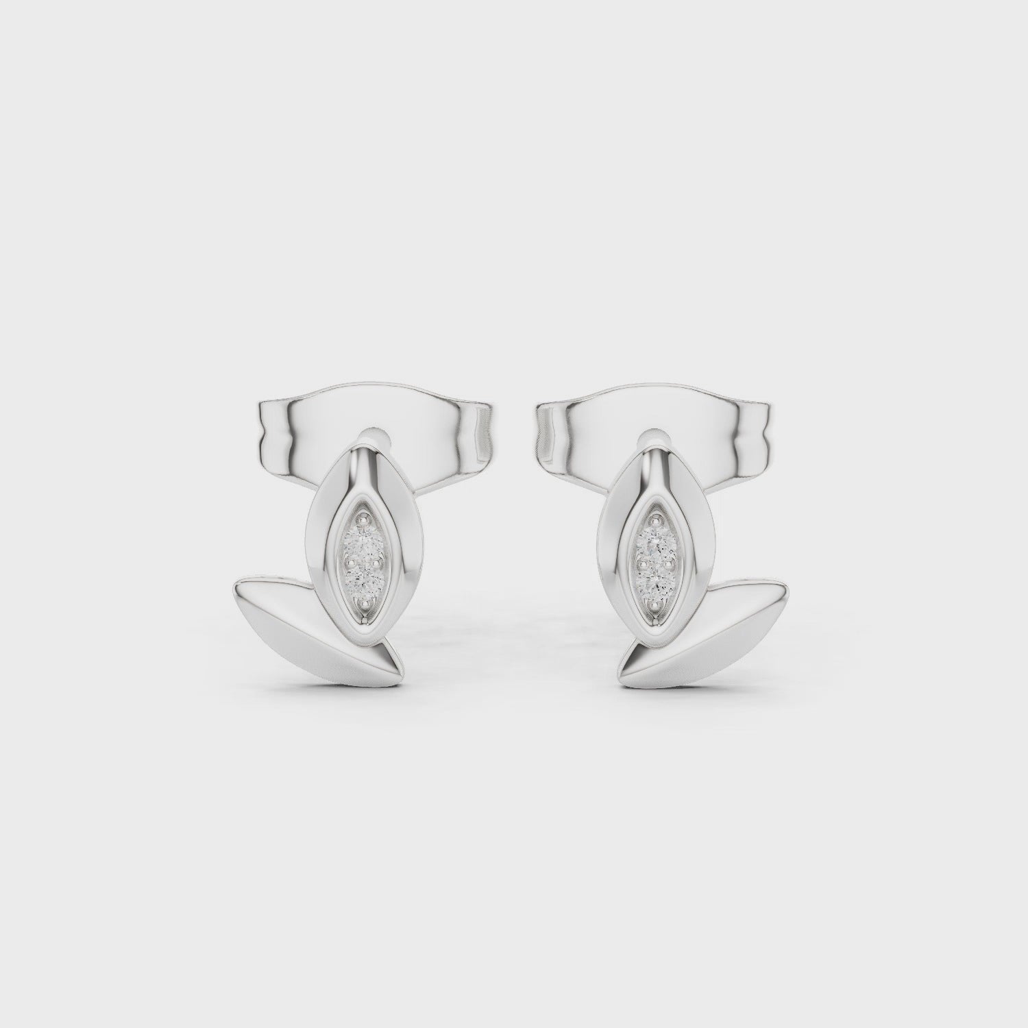 Marquise leaf pave diamond stud earrings with double petal design and push back setting