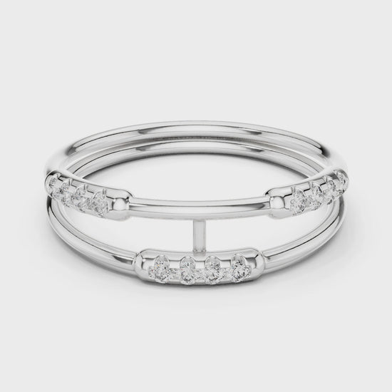 Double band diamond ring with pave setting and bar connector
