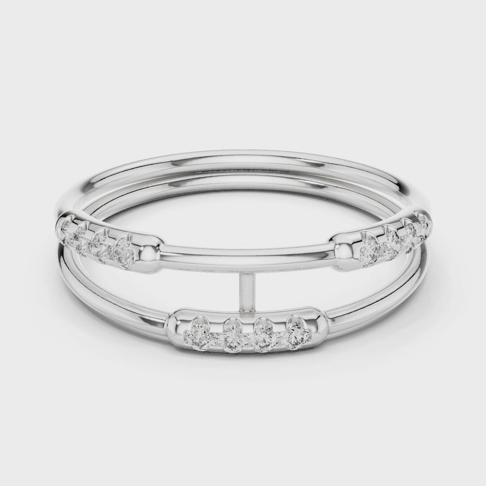 Double band diamond ring with pave setting and bar connector