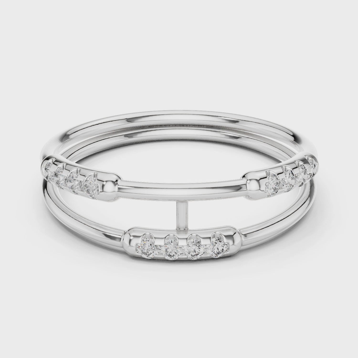 Double band diamond ring with pave setting and bar connector