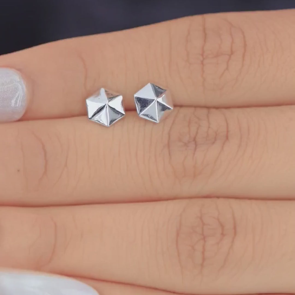 Hexa pyramid stud earrings with hexagonal base and multi-faceted geometric peak