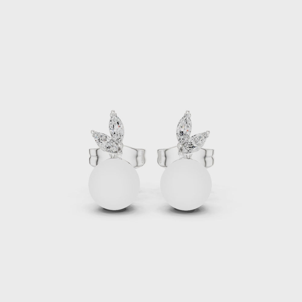 Marquise diamond and pearl drop stud earrings with push back setting