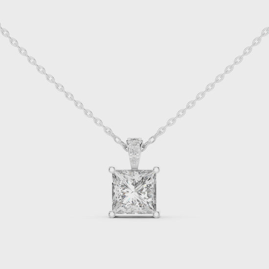 Princess cut solitaire diamond pendant with pave bail and four bar setting