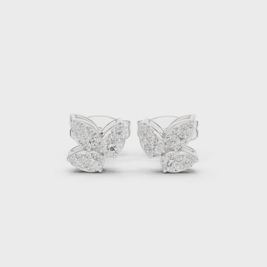 Floral marquise cluster diamond stud earrings with four petal design and push back setting 