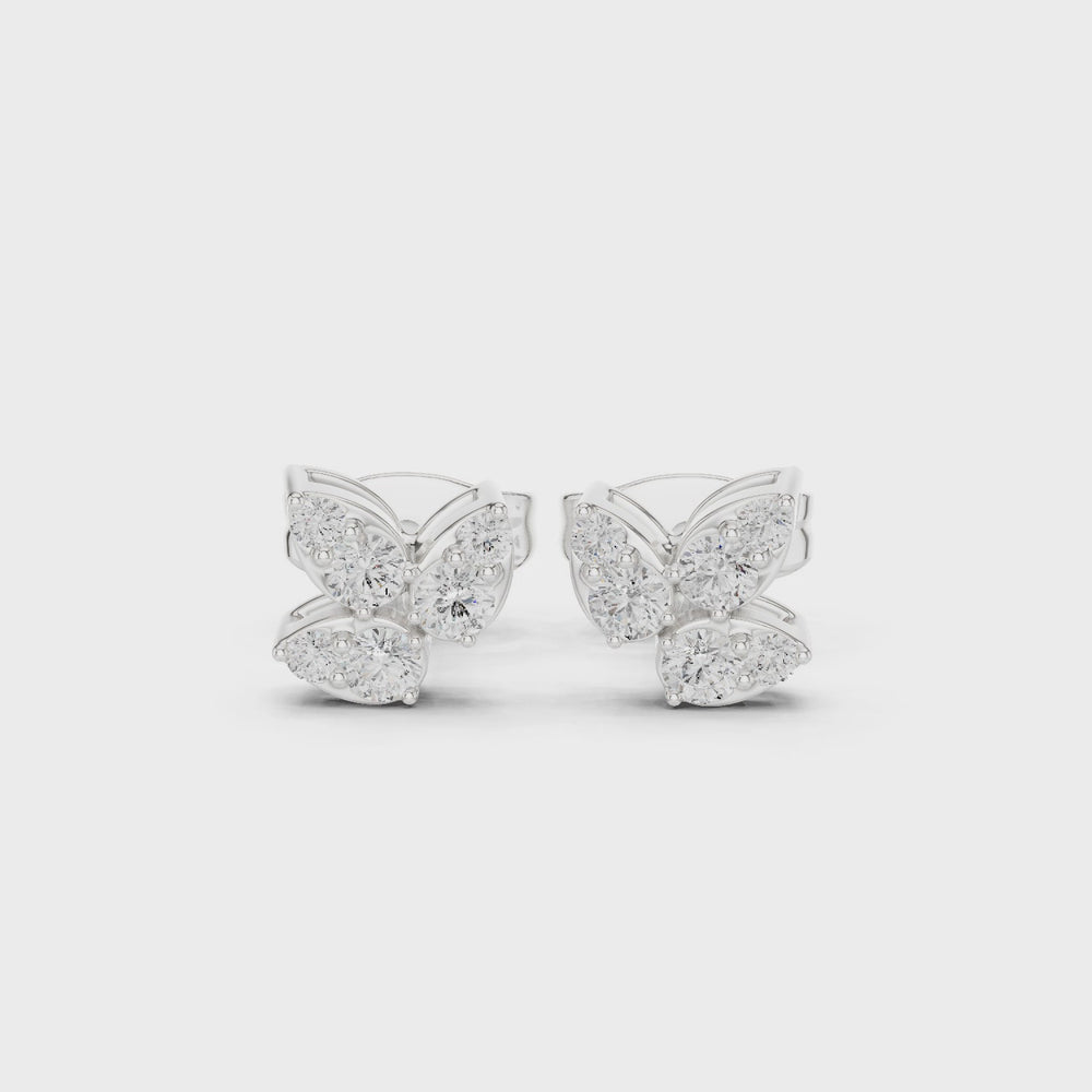 Floral marquise cluster diamond stud earrings with four petal design and push back setting 