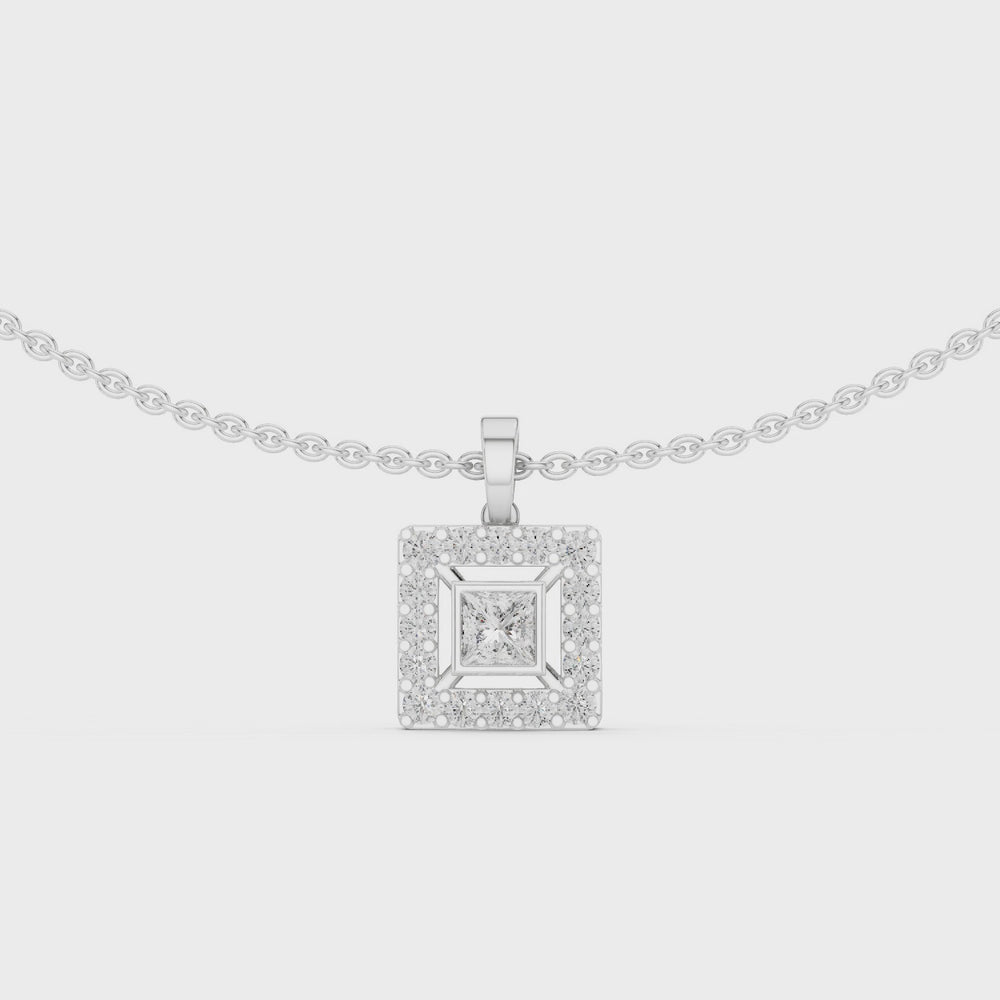 Square halo diamond pendant necklace with princess cut centre stone