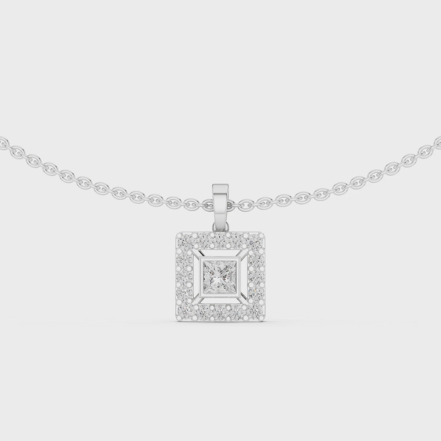 Square halo diamond pendant necklace with princess cut centre stone