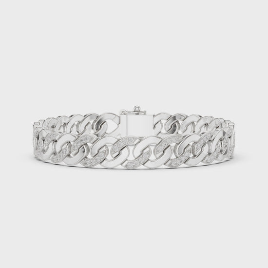 Men's wide silver Cuban link bracelet with pavé diamond-accented curb chain links