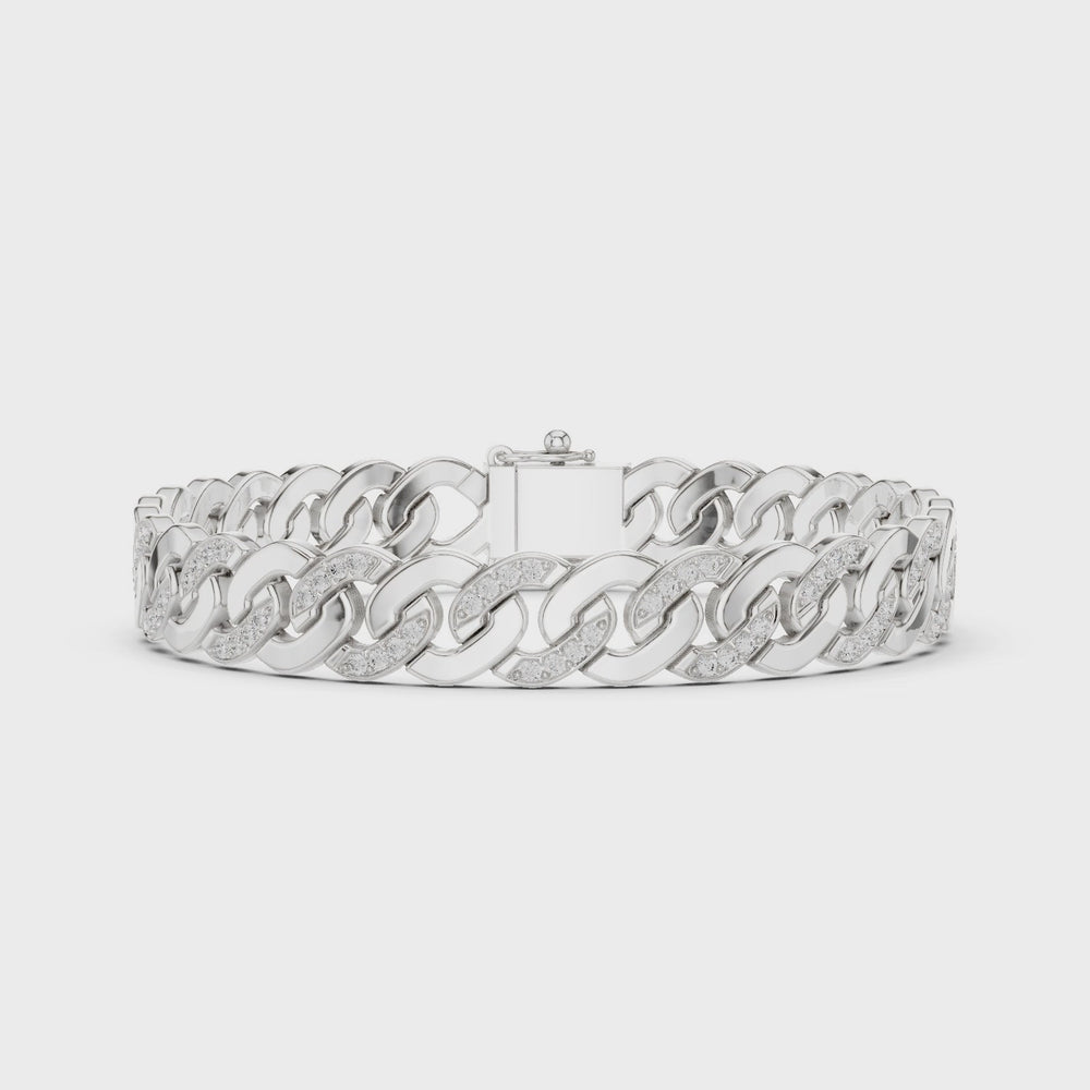 Men's wide silver Cuban link bracelet with pavé diamond-accented curb chain links