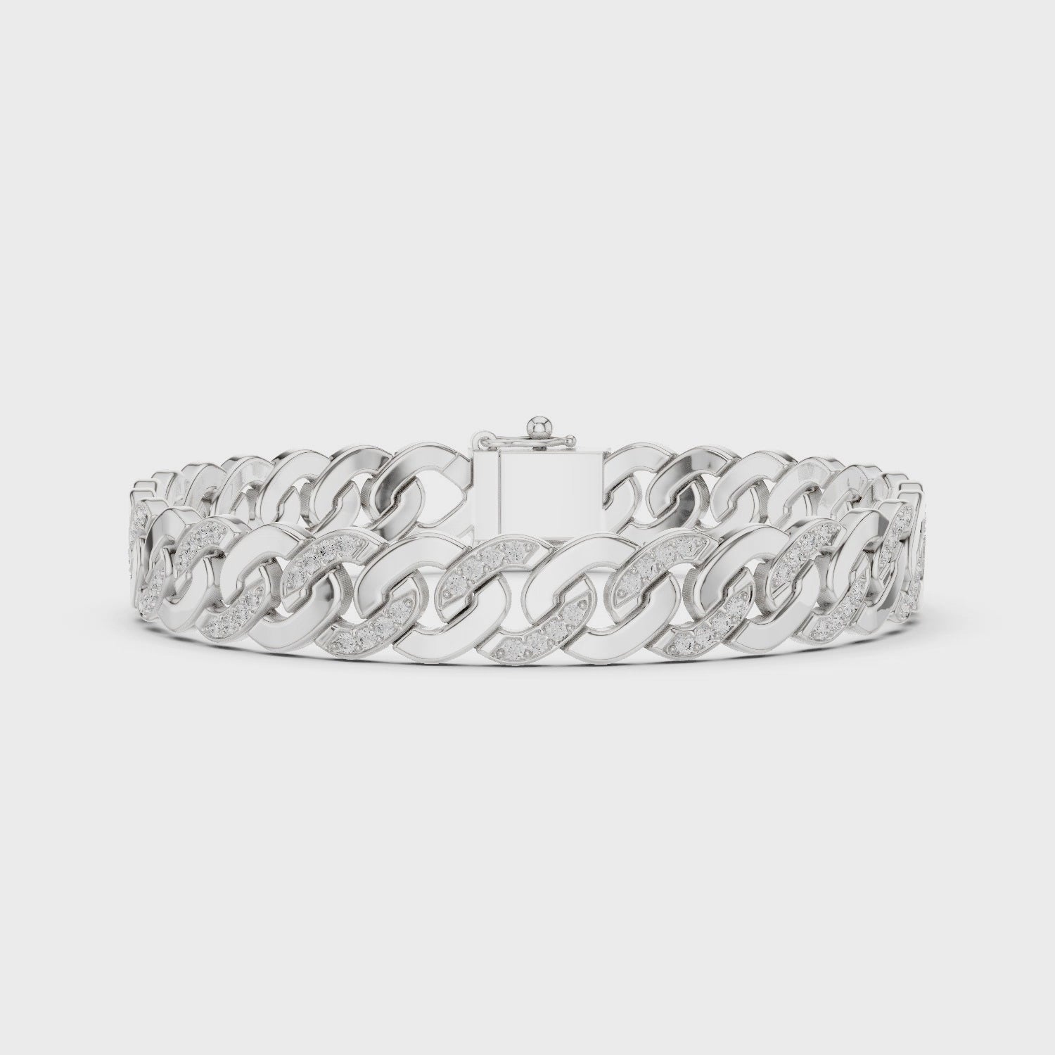 Men's wide silver Cuban link bracelet with pavé diamond-accented curb chain links