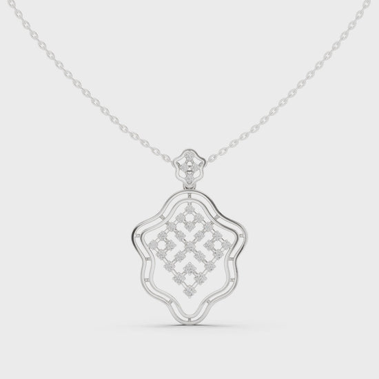 Silver chain necklace with ornate geometric lattice diamond pendant in scalloped frame