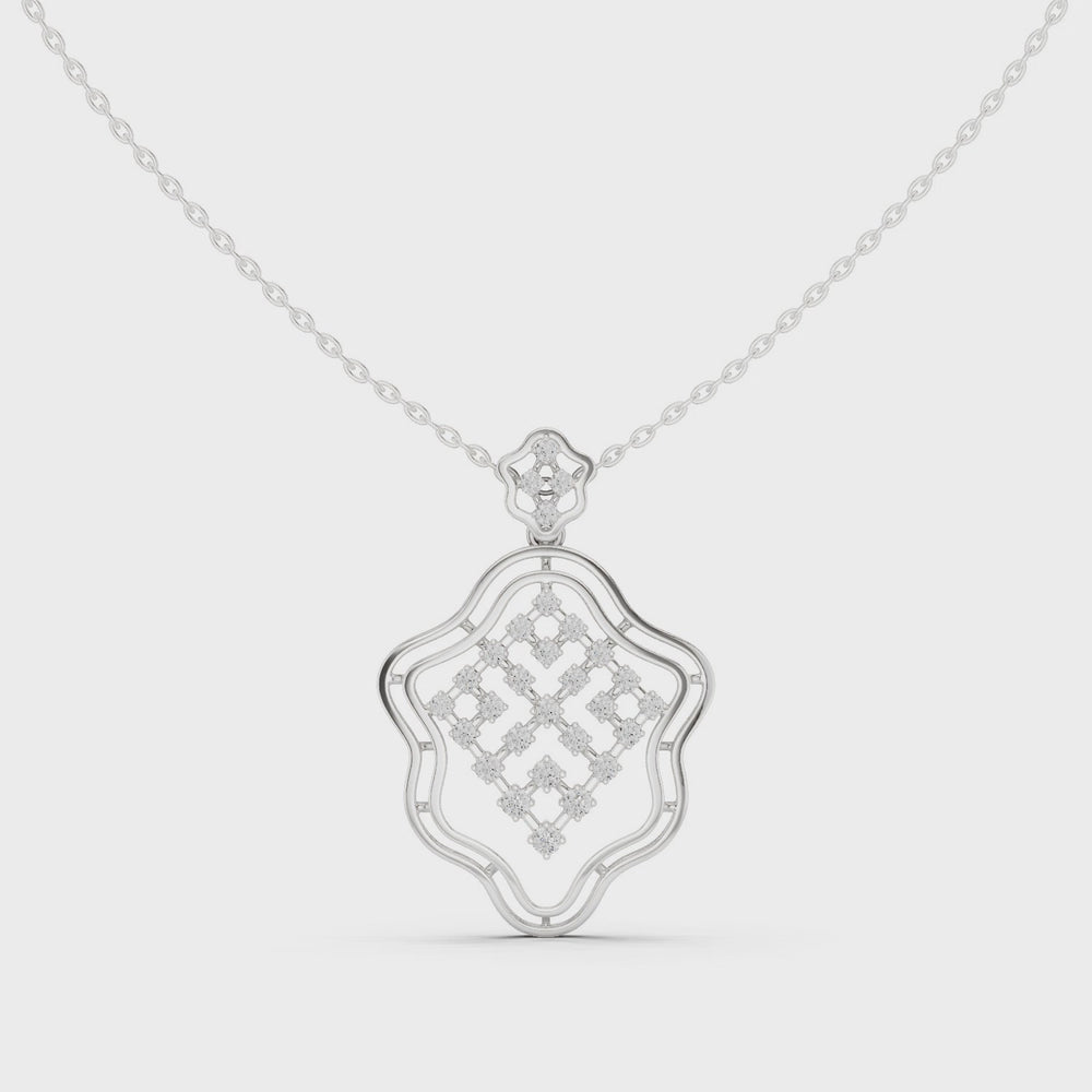 Silver chain necklace with ornate geometric lattice diamond pendant in scalloped frame