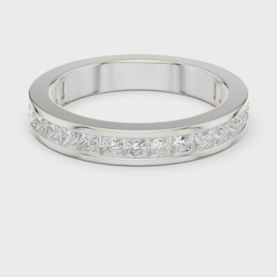 Princess cut channel set eternity ring with flush set square stones all around