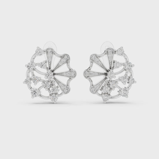 Floral pinwheel pave diamond earrings with cluster centre and clip back setting