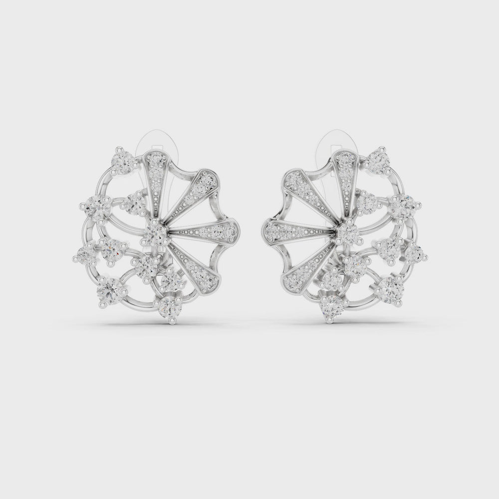 Floral pinwheel pave diamond earrings with cluster centre and clip back setting